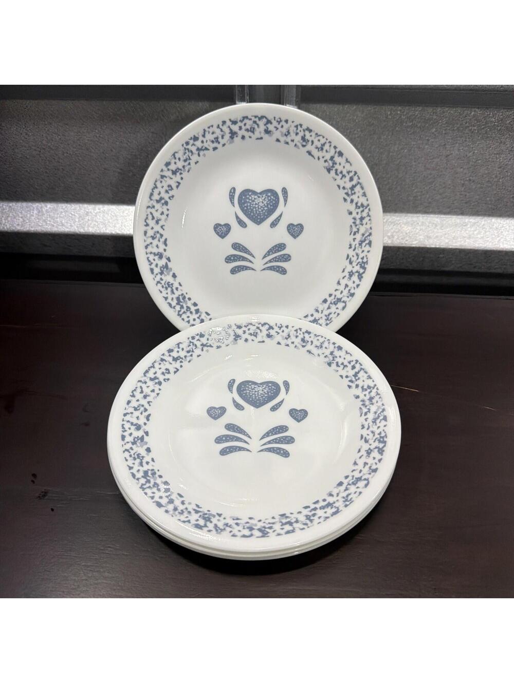 VTG Corning Ware Corelle 6.75” Blue Hearts Bread Dessert Plates Set of 4 *